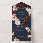 ダークムーディブルゴーニュ赤面ネイビーブルーフローラ結婚ズ オールインワン招待状 (内側)