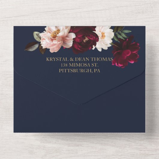 ダークムーディブルゴーニュ赤面ネイビーブルーフローラ結婚ズ オールインワン招待状 (裏面)