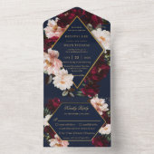 ダークムーディブルゴーニュ赤面ネイビーブルーフローラ結婚ズ オールインワン招待状 (内側)
