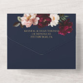 ダークムーディブルゴーニュ赤面ネイビーブルーフローラ結婚ズ オールインワン招待状 (裏面)