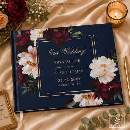 ダークムーディブルゴーニュ赤面ネイビーブルーフローラ結婚ズ ゲストブック
