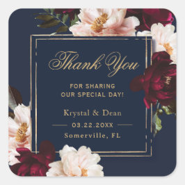 ダークムーディブルゴーニュ赤面ネイビーブルーフローラ結婚ズ スクエアシール