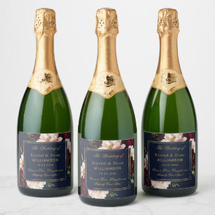 ダークムーディブルゴーニュ赤面ネイビーブルーフローラ結婚ズ スパークリングワインラベル