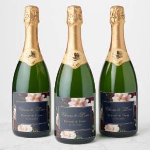 ダークムーディブルゴーニュ赤面ネイビーブルーフローラ結婚ズ スパークリングワインラベル