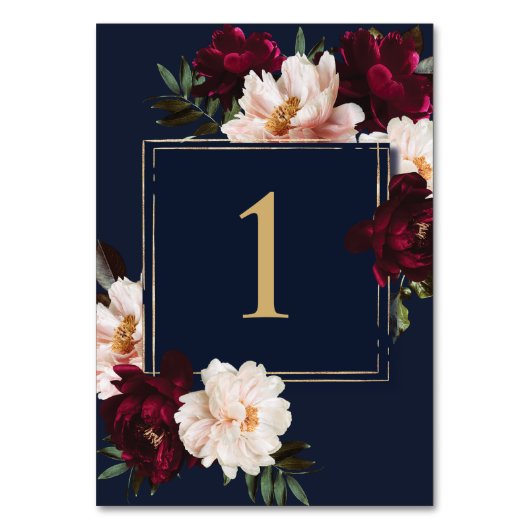 ダークムーディブルゴーニュ赤面ネイビーブルーフローラ結婚ズ テーブルナンバー (裏面)