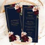 ダークムーディブルゴーニュ赤面ネイビーブルーフローラ結婚ズ メニュー<br><div class="desc">このエレガントなウェディングスリムメニューカードを簡単かつ迅速にパーソナライズ。単にクリックEdit Usingデザインツールのボタンを使用して文字を編集し、フォントとフォントの色を変更する。紺色の背景に赤面牡丹の美しいリアルなブルゴーニュの花を特徴とする。ストアで使用可能な一致アイテム。ハサマーセット素晴らし書類</div>