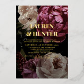 ダークムーディブルゴーニュ赤面ボ結婚タニカル金ゴールド 箔招待状 (正面)