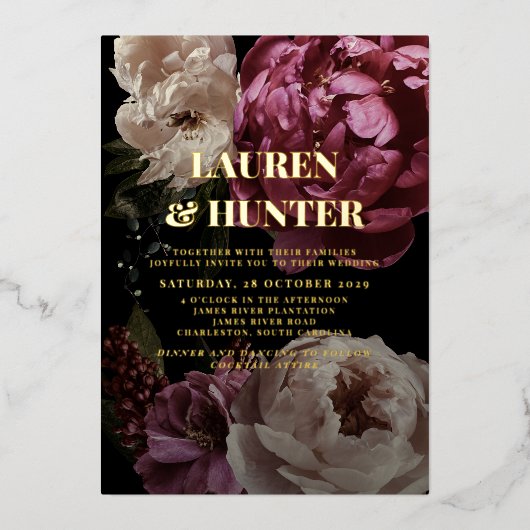 ダークムーディブルゴーニュ赤面ボ結婚タニカル金ゴールド 箔招待状 (正面)