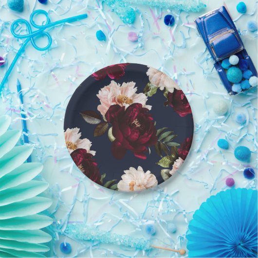 ダークムーディブルゴーニュ赤面牡丹フローラネイビーブルー ペーパープレート (パーティー)