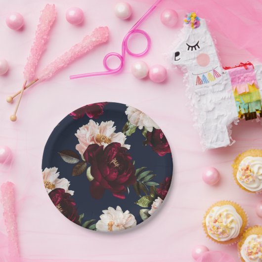 ダークムーディブルゴーニュ赤面牡丹フローラネイビーブルー ペーパープレート (パーティー)