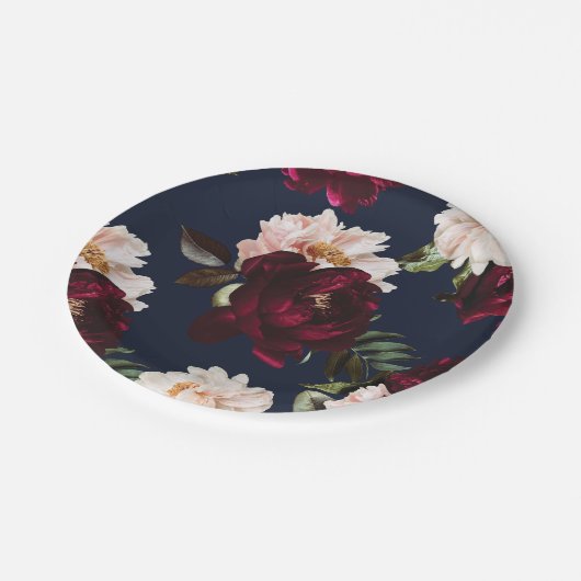 ダークムーディブルゴーニュ赤面牡丹フローラネイビーブルー ペーパープレート (アングル)