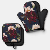 ダークムーディブルゴーニュ赤面牡丹フローラネイビーブルー 鍋つかみ&鍋敷きセット (正面/裏面)