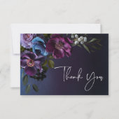 ダークムーディブルーラベンダーモダンフローラ結婚ズ サンキューカード (正面)