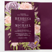 ダークムーディプラムパープル赤面ピンク結婚フローラ 三つ折り招待状 (内部最初)