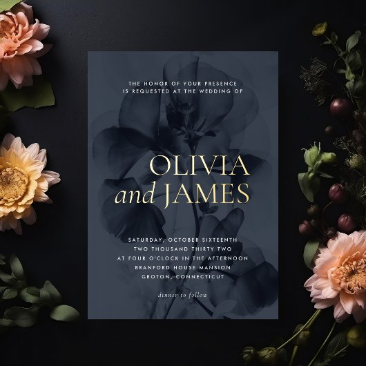 ダークムーディボタニカルエレガントウェディング金ゴールド 箔招待状