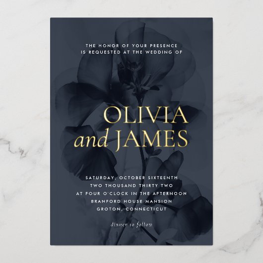 ダークムーディボタニカルエレガントウェディング金ゴールド 箔招待状 (正面)