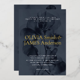 ダークムーディボタニカルオーバーレイブルー結婚ズ金ゴールド 箔招待状