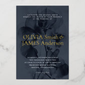 ダークムーディボタニカルオーバーレイブルー結婚ズ金ゴールド 箔招待状 (正面)