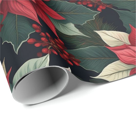 ダークムーディポインセチアフローラウィンターホリデイ ラッピングペーパー (ロールコーナー)