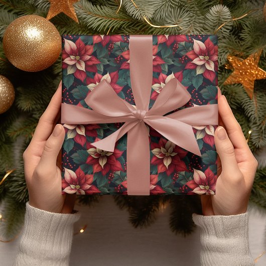 ダークムーディポインセチアフローラウィンターホリデイ ラッピングペーパー