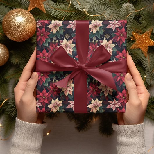 ダークムーディポインセチアフローラウィンターホリデイ ラッピングペーパー