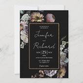 ダークムーディレトロヴィンテージフローラ結婚ブラック 招待状 (正面)