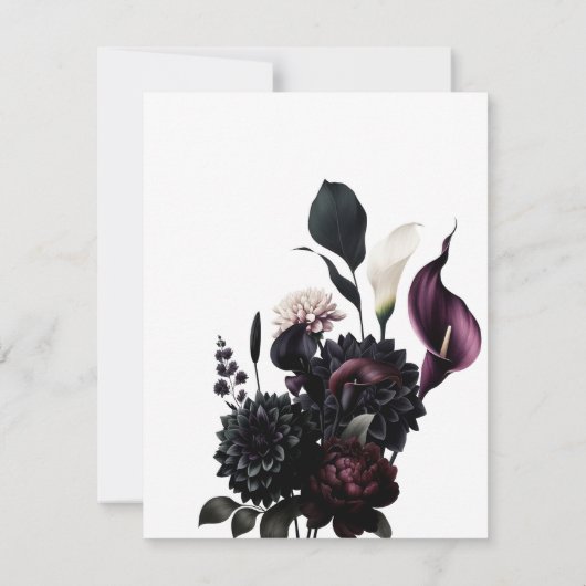 ダークムーディロマンチックフローラホワイトウェディングRSVP 招待状 (裏面)