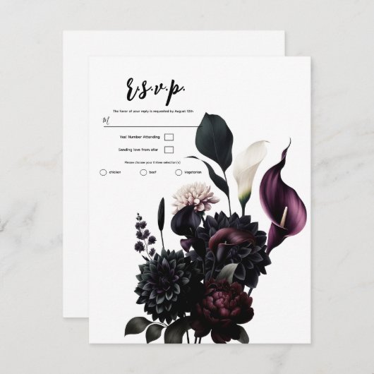 ダークムーディロマンチックフローラホワイトウェディングRSVP 招待状 (正面/裏面)