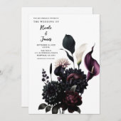 ダークムーディロマンチックフローラホワイト結婚ズ 招待状 (正面/裏面)