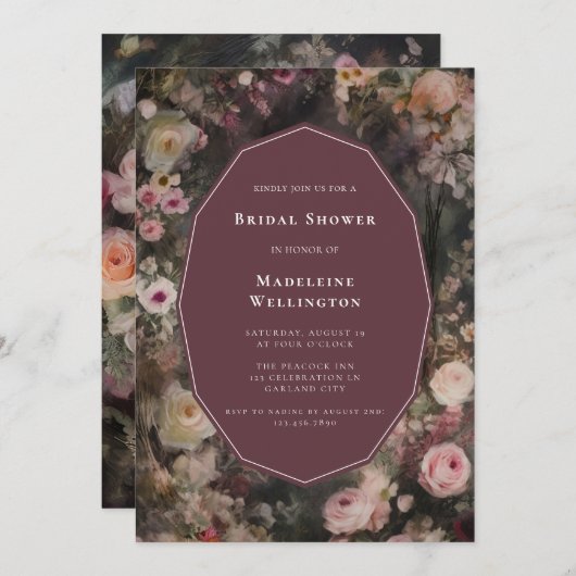 ダークムーディロマンチック結婚フローラブライダルシャワー 招待状 (正面/裏面)