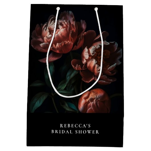 ダークムーディロマンチック花模様ブライダルシャワー ミディアムペーパーバッグ (裏面)