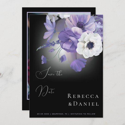ダークムーディロマンチック薄紫ラベンダー結婚フローラ 招待状 (正面/裏面)