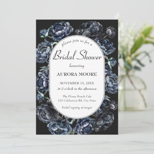 ダークムーディースゴシックブルーフローラブライダルシャワー 招待状 (スタンド正面)