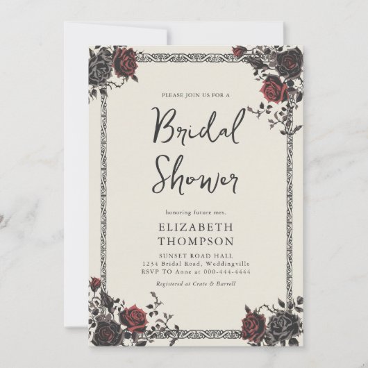 ダークムーディースゴシックレッドブラックバラブライダルシャワー 招待状 (正面)