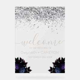 ダークムーディーズグリッターシルバーネイビーブルー花模様 アクリルサイン