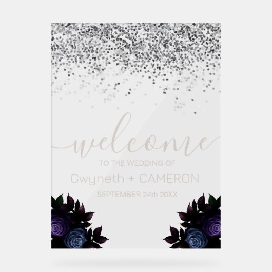 ダークムーディーズグリッターシルバーネイビーブルー花模様 アクリルサイン (正面)