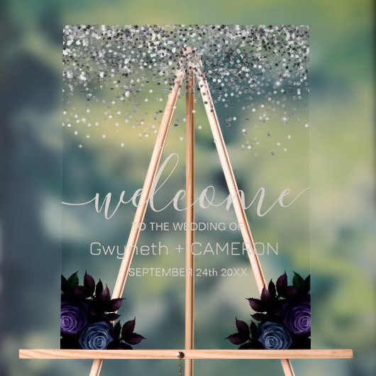 ダークムーディーズグリッターシルバーネイビーブルー花模様 アクリルサイン (ニュートラル)