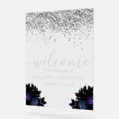 ダークムーディーズグリッターシルバーネイビーブルー花模様 アクリルサイン (傾斜)