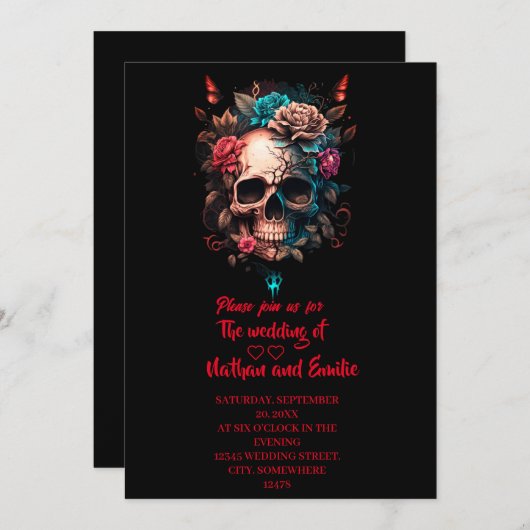 ダークムーディーズフローラスカル結婚ゴシックの侵入 招待状 (正面/裏面)