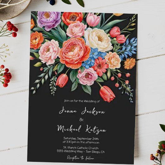 ダークムーディーズフローラスチルライフエレガントな結婚式 招待状