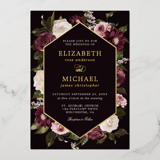 ダークムーディーズフローラバーガンディーエレガントな結婚式 箔招待状 (正面)
