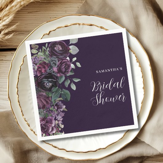 ダークムーディーパープルフラワーブライダルシャワー スタンダードカクテルナプキン
