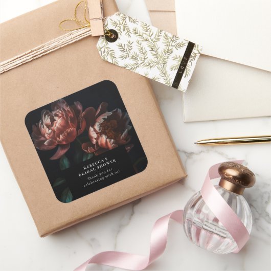 ダークムーディーロマンティックフラワーズ ブライダルシャワー スクエアシール (ギフト)