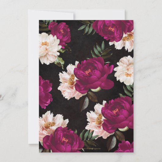 ダークムーディ明るい赤紫色赤面牡丹フローラ結婚ズ 招待状 (裏面)