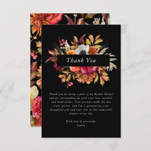 ダークムーディ秋フローラブライダルシャワーありがとう サンキューカード (正面/裏面)