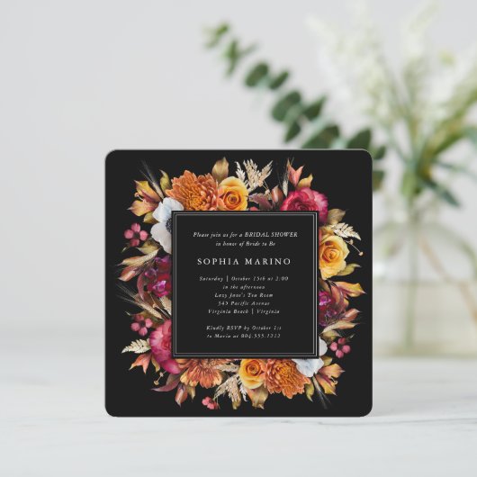 ダークムーディ秋フローラロマンチックブライダルシャワー 招待状 (スタンド正面)