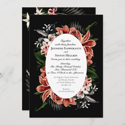 ダークムーディ結婚式招待状QRコードボタニカル 招待状 (正面/裏面)