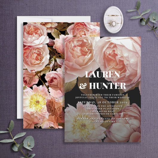 ダークムーディ赤面ピンクフローラボタニカル結婚の請求書 招待状