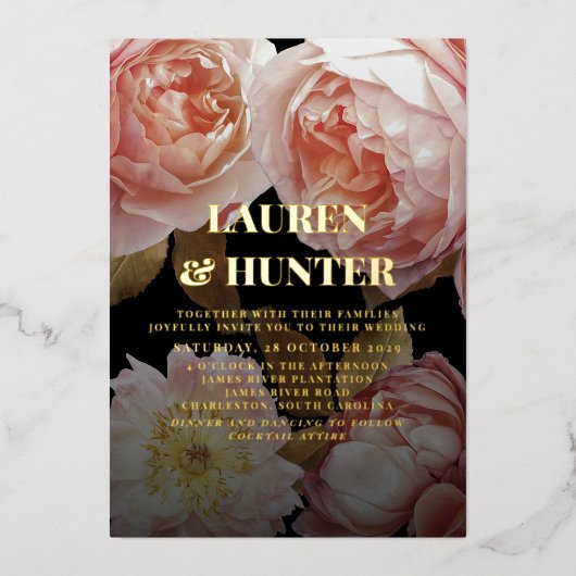 ダークムーディ赤面ピンクボタニッ結婚クス金ゴールド 箔招待状 (正面)