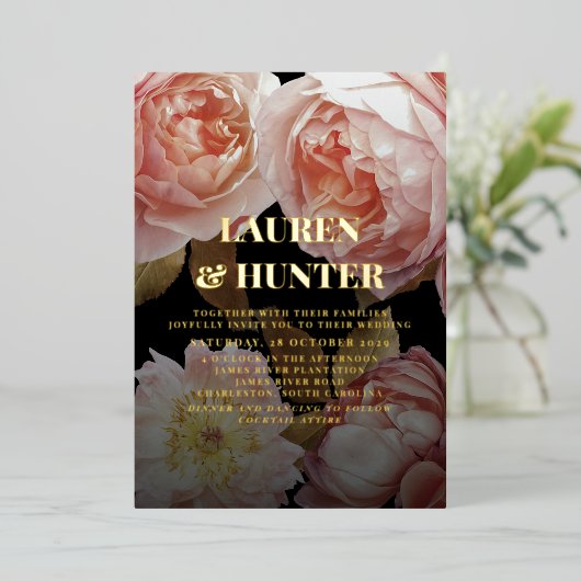 ダークムーディ赤面ピンクボタニッ結婚クス金ゴールド 箔招待状 (立ち正面)